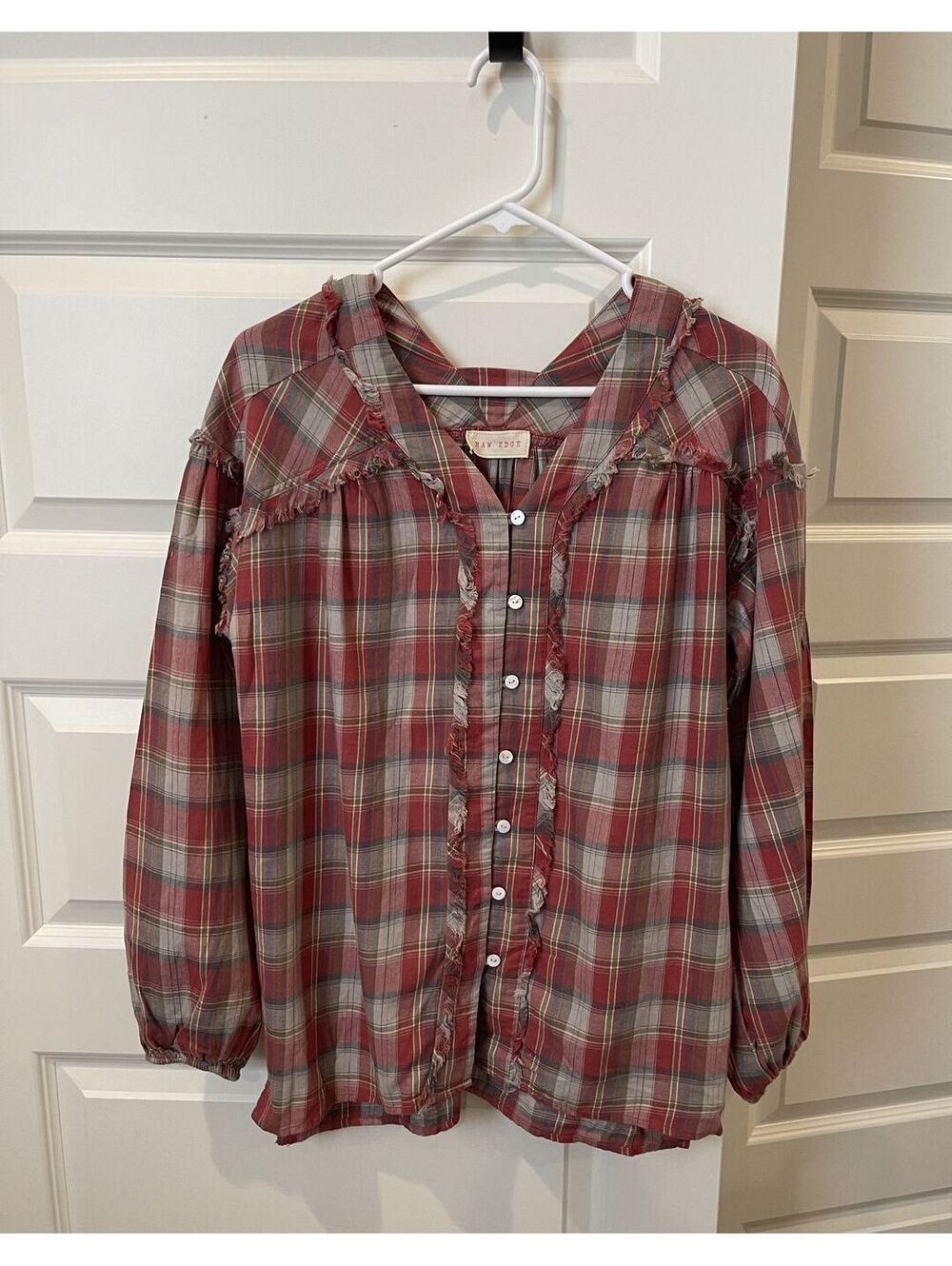 Raw Edge Red and Beige Plaid Button-Up Shirt